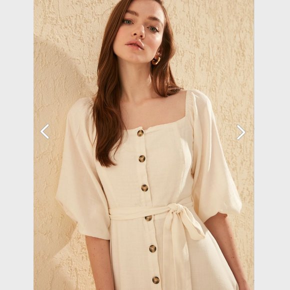 Organic Ecru Belted Buttoned Maxi Dress - Picture 8 of 10